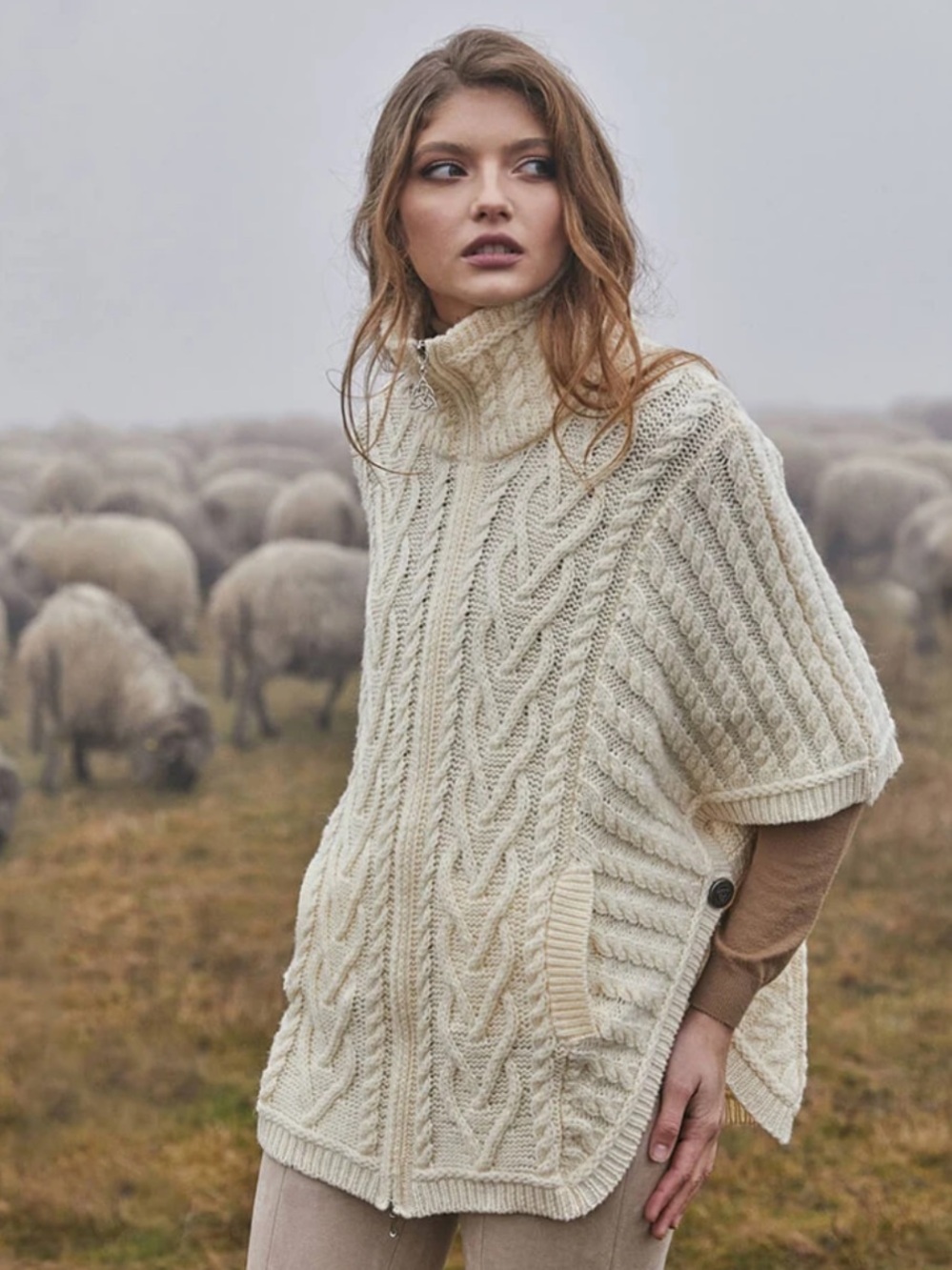 Saol Merino Wool Chunky Cable Knit Zip Up Funnel Neck Cardigan Sweater Ireland M